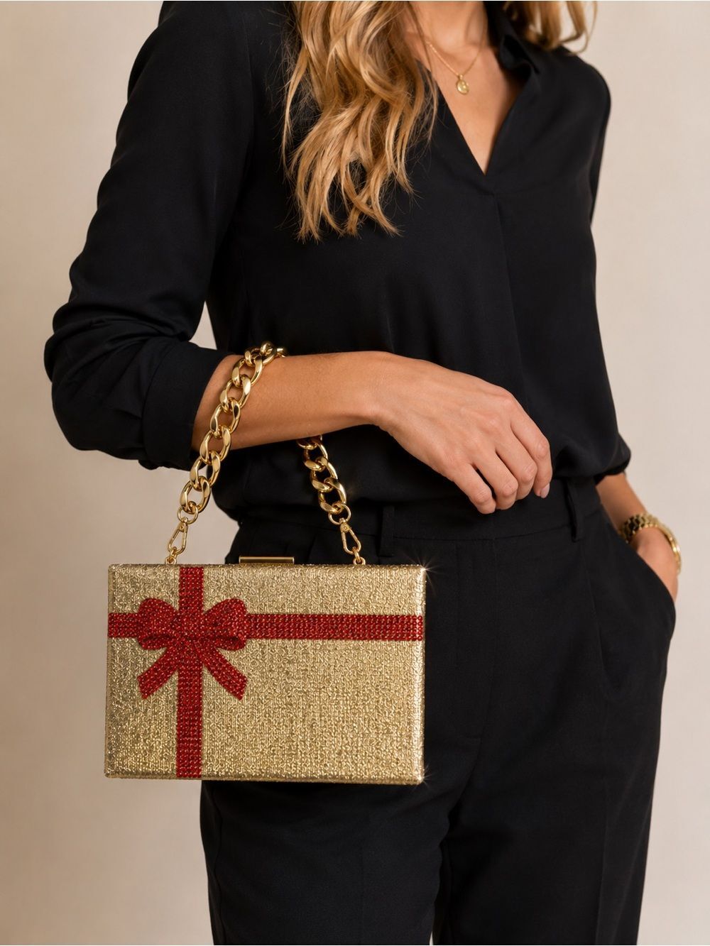 Alessia New Rhinestone Gift Box Clutch Purse Gold Red Bow Holiday Evening Bag